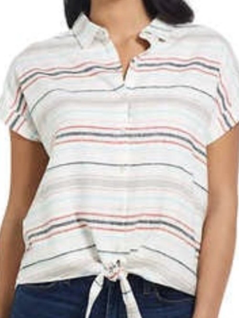 Weatherproof Womenโs Short Sleeve Tie Hem Stripe Top Size Large NWT